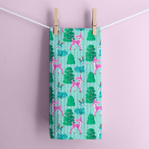 Vintage Retro Christmas Reindeer on Aqua Kitchen Towel