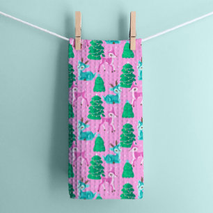 Vintage Retro Christmas Reindeer on Pink Kitchen Towel