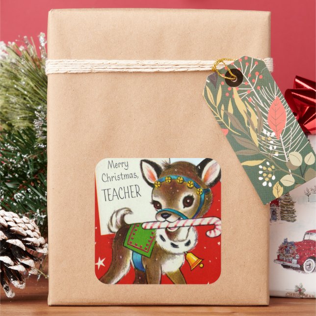 Vintage retro Christmas reindeer teacher sticker (Holiday)