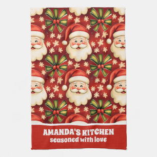 Vintage Retro Christmas Santa Claus and Bows Kitchen Towel
