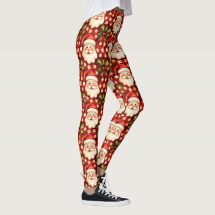 Vintage Retro Christmas Santa Claus and Bows Leggings