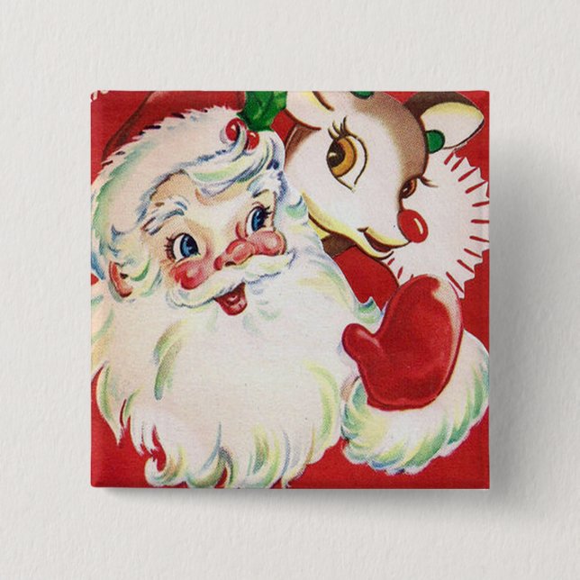 Vintage retro Christmas Santa reindeer button (Front)