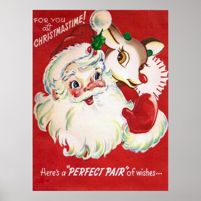 Vintage retro Christmas Santa Reindeer poster (Front)