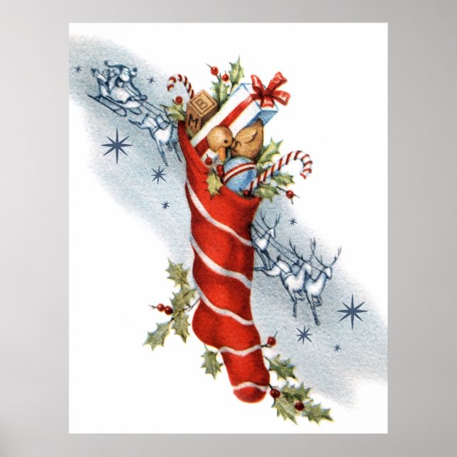 Vintage retro Christmas Santa stocking poster (Front)
