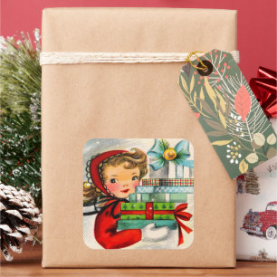 Vintage retro Christmas shopping girl sticker