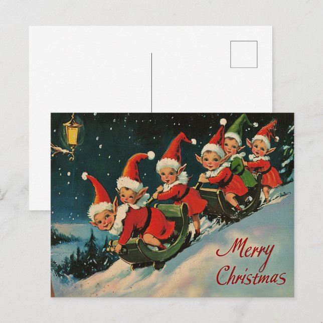 Vintage Retro Christmas: Sledding Elves Holiday Postcard (Front/Back)
