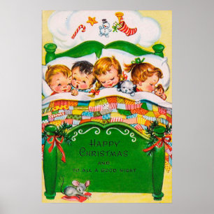 Vintage retro Christmas sleeping kids poster