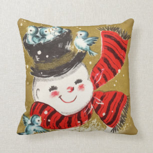 Vintage Retro Christmas Snowman And Birds Throw Pillow