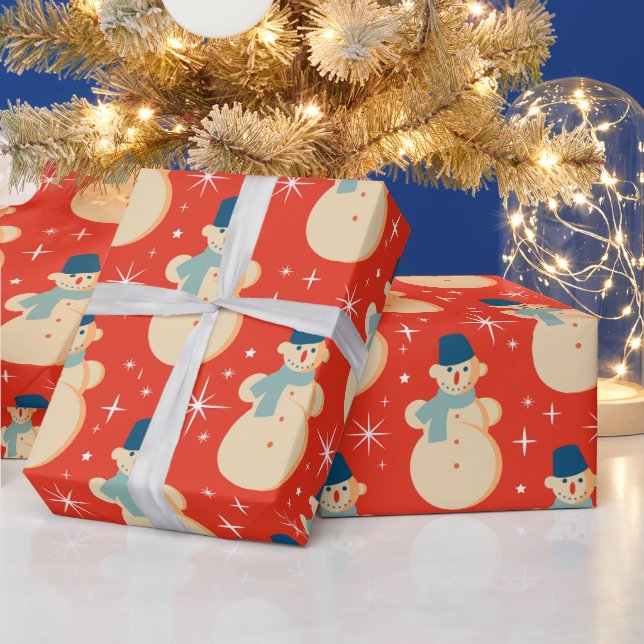 Vintage Retro Christmas Snowman Red  Wrapping Paper (Holidays)