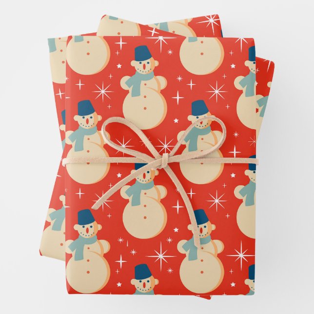 Vintage Retro Christmas Snowman Red  Wrapping Paper Sheet (In situ)