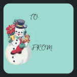 VINTAGE RETRO CHRISTMAS SNOWMAN SQUARE STICKER<br><div class="desc">BABY BLUE VINTAGE CHRISTMAS SNOWMAN.</div>