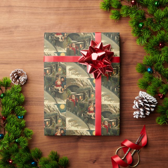 Vintage Retro Christmas Train Art Wrapping Paper (Holiday Gift)