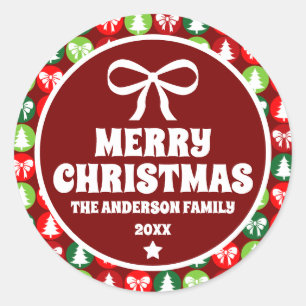 Vintage Retro Christmas Trees and Bows Ornament Classic Round Sticker