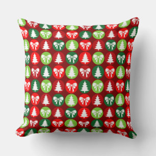 vintage Retro Christmas Trees and Bows Pattern Throw Pillow