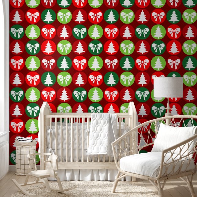 vintage Retro Christmas Trees and Bows Pattern Wallpaper (Kids)