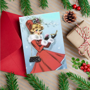 Vintage Retro Christmas Woman in Red Dress Holiday Card