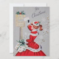 Vintage Retro Christmas Woman in Red Dress