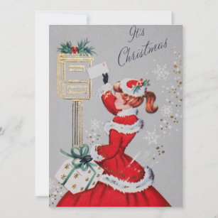 Vintage Retro Christmas Woman in Red Dress Holiday Card