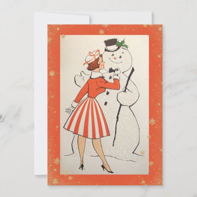 Vintage Retro Christmas Woman Snowman Holiday Card (Front)