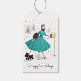 Vintage Retro Christmas Woman with Scotty Dog Gift Tags
