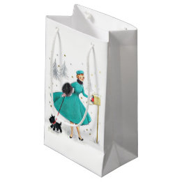 Vintage Retro Christmas Woman with Scotty Dog Small Gift Bag