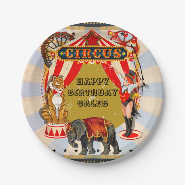 Vintage Retro Circus Birthday Party Personalized Paper Plate (Front)
