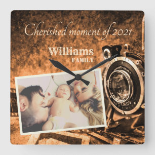 Vintage retro classic camera rustic custom family  square wall clock