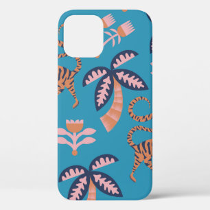 vintage retro colour tiger, palm tree, flower seam iPhone 12 case