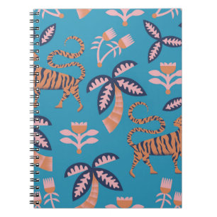 vintage retro colour tiger, palm tree, flower seam notebook