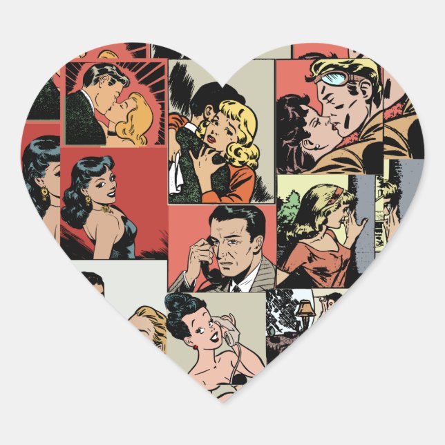 Vintage retro comic love story heart sticker (Front)