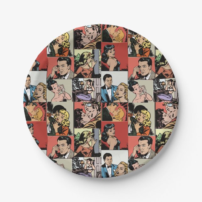 Vintage retro comic love story paper plate (Front)