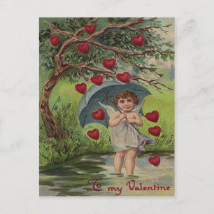Vintage Retro Cupid Heart Umbrella Valentine Card