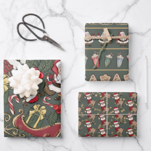 Vintage Retro Cute Christmas Green Wrapping Paper Sheet