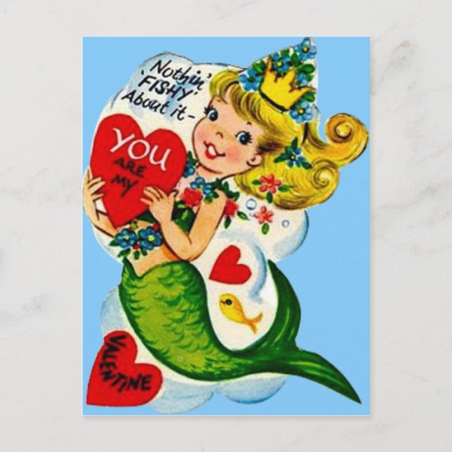 Vintage Retro Cute Mermaid Valentine Card (Front)