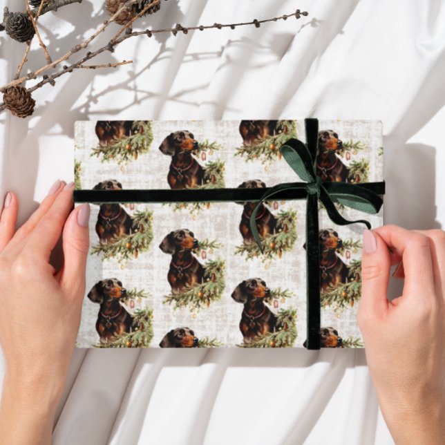 Vintage Retro Dachshund Dog Rustic Christmas Wrapping Paper (Creator Uploaded)