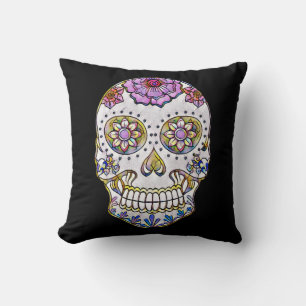 Vintage Retro Decorative Sugar Skull Gold Shiny Throw Pillow