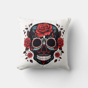 Vintage Retro Decorative Sugar Skull Gold Shiny Throw Pillow