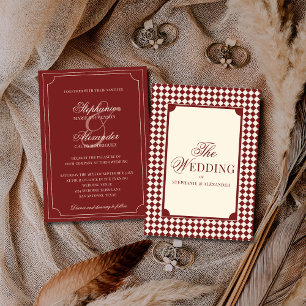 Vintage Retro Deep Red Chequered Old Money Wedding Invitation