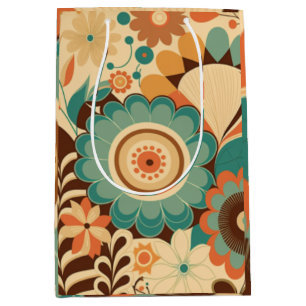 Vintage retro design floral brown beize green medium gift bag