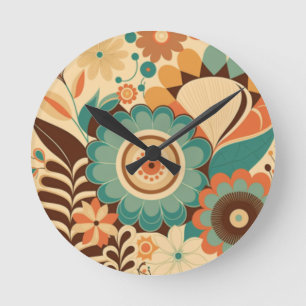 Vintage retro design floral brown beize green round clock