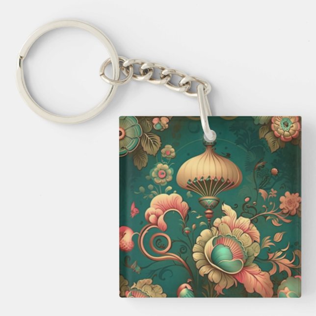 Vintage retro design floral green keychain (Front)