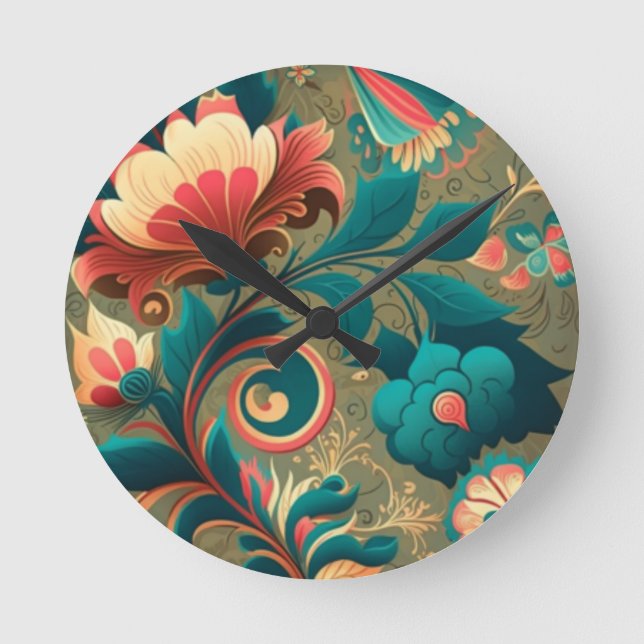 Vintage retro design floral green round clock (Front)