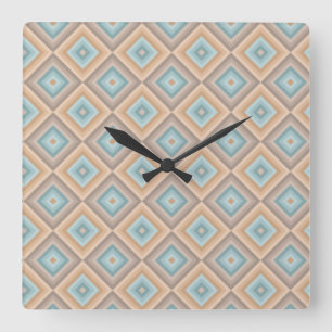 Vintage Retro Diamond Geometric Pattern Brown Teal Square Wall Clock