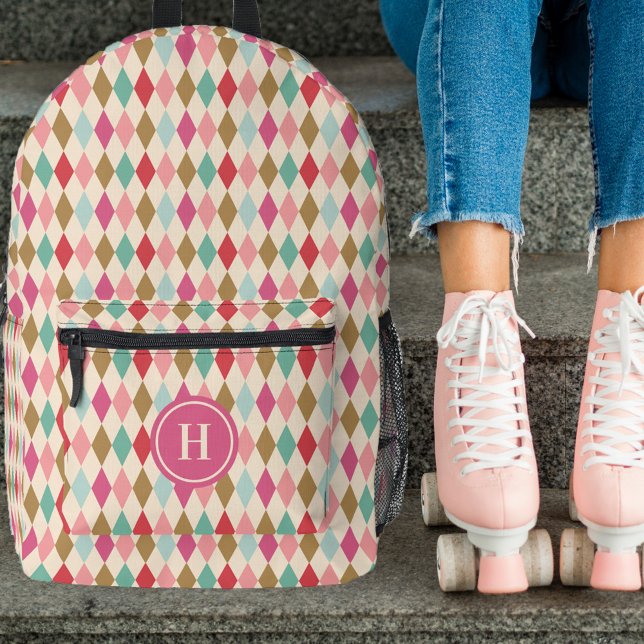 Vintage Retro Diamond Pattern Pink Monogram Printed Backpack (Creator Uploaded)