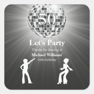 Vintage Retro Disco Ball Black White 50th Birthday Square Sticker