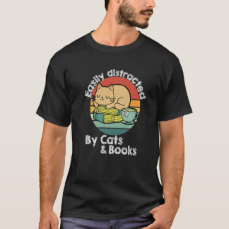 Vintage Retro Easily Distracted By Cats And Books T-Shirt