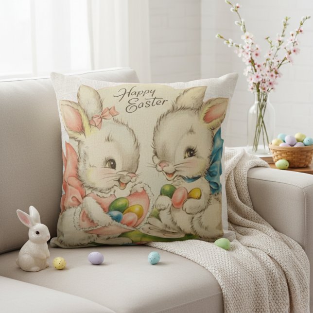 Vintage Retro Easter Bunny Couple Throw Pillow (Vintage Happy Easter Bunnies With Easter Eggs Throw Pillow)