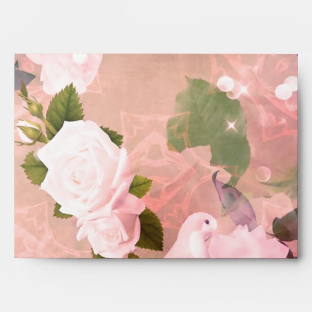Vintage Retro Elegant Dove Feathers Roses Wedding Envelope (Front)