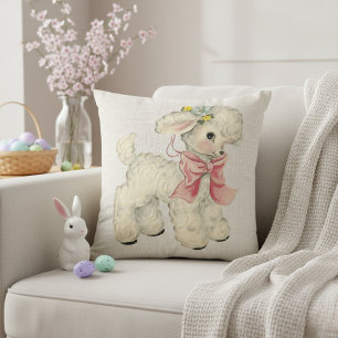 Vintage Retro Faux Linen with Baby Lamb Throw Pillow