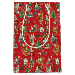 Vintage Retro Festive Red Christmas Holiday Medium Gift Bag